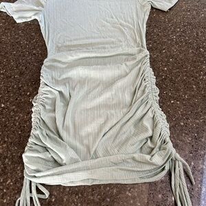 Papermoon Light Sage Knit Ribbed Side-Cinched Ruch Drawstring Mini Dress Size M